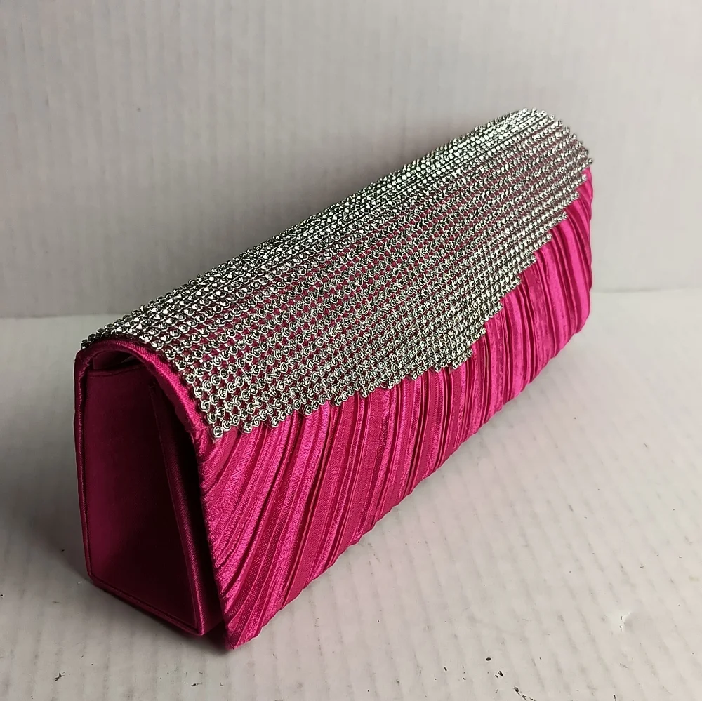 Satin Clutch Bag Faux Rhinestone Plaited Hot Pink Metal Strap Cocktail Party